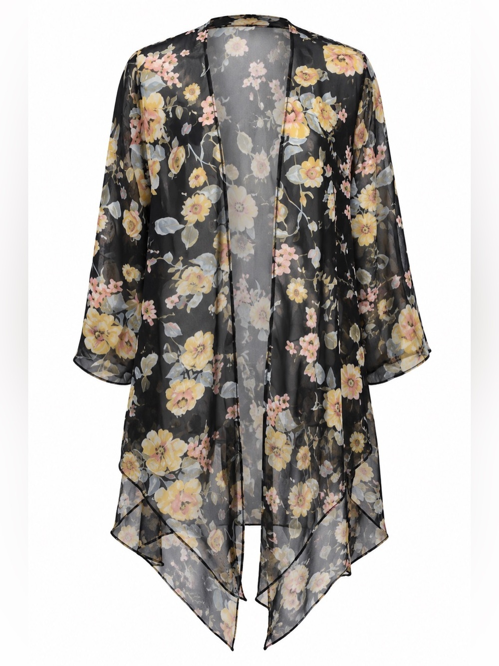 Adora Black Floral‎ Sheer Chiffon Longline Kimono Cardigan Layering Piece Boho